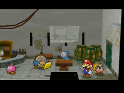 Mario getting the Star Piece under a hidden panel in Wonky's house in Paper Mario: The Thousand-Year Door.