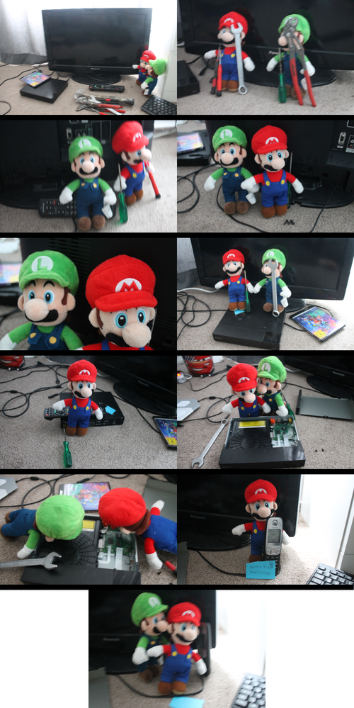 Eleven photographs are presented in a left-to-right format. In the first, Mario and Luigi stand next to a TV and Blu-ray player with a variety of tools nearby, preparing to fix both. In the second, Mario and Luigi both grab a tool in each hand. In the third, Luigi stands in front of the remote as Mario holds a screwdriver and a pair of pliers. In the fourth, Mario and Luigi are in front of the TV, trying to fix the TV and unscrew its screws. In the fifth, the camera zooms in on their faces and as they think about their inability to fix the TV. In the sixth, Mario and Luigi trying fixing The Blu-ray player, now being shown on top of the Blu-ray player with their tools. A 4k Blu-ray/Blu-ray copy of the Super Mario Galaxy movie sits nearby. In the seventh, Mario begins to unscrew the cover of the Blu-ray player with his screwdriver. In the eighth panel, the cover of the Blu-ray player is removed, and Mario and Luigi are inspecting it closely. In the ninth, they then use their tools on the opened Blu-ray player. In the tenth, they again think about their inability to fix the Blu-ray player, and give up trying to fix their devices. They are plumbers from Brooklyn, after all, and plumbers would struggle to fix electronics rather than pipes. In the tenth, Mario shown with a phone and the number for a repair Toad. In the eleventh, Luigi listens in as Mario talks to the repair Toad on the phone and requests repairs for their broken TV and Blu-ray player.