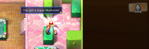 Mario getting a Super Mushroom from a Toad in Peach's Castle of Mario & Luigi: Superstar Saga + Bowser's Minions.