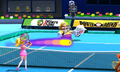 Princess Peach and Diddy Kong playing tennis against Wario and Boo.