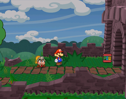 Mario getting the POW Block from a bush in the eastern part of Petal Meadows of Paper Mario: The Thousand-Year Door.