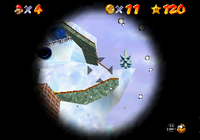 The correct angle to get the misplaced coin in Snowman's Land using the Cannon.
