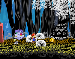 Mario getting a Coin from a bush in The Great Tree of Paper Mario: The Thousand-Year Door.