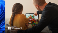 Promotional image for Windows 11, with a LEGO Super Mario expansion set "Mario's House & Yoshi" partially assembled.