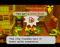 Mario getting a Gold Ring from Doopliss (disguised as Zip Toad) on Excess Express of Paper Mario: The Thousand-Year Door.