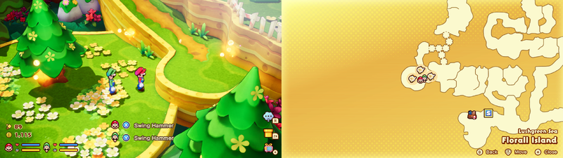 Mario and Luigi near 3 Sprite Bulb Nests on Florall Island of Mario & Luigi: Brothership.