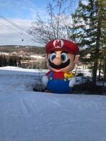 The Mario statue at the start of the "Nintendo Land" ski track in the Swedish ski facility Kungsberget.