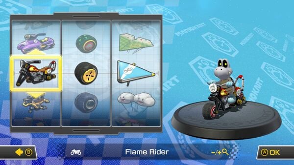 The vehicle customization screen of Mario Kart 8 Deluxe.