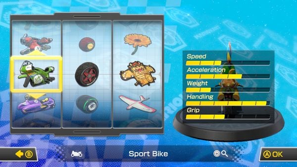 The statistics shown in the vehicle customization screen of Mario Kart 8.