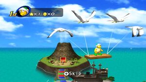 Seagulls transporting a Hammer Bro to the beginning of the Goomba's Booty Boardwalk board in Mario Party 8