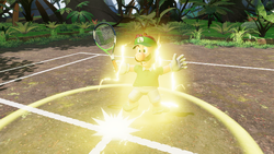 Luigi being hit by lightning from a Lightning Racket in Mario Tennis Fever