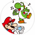 Mario using the Wii U GamePad while Yoshi sings