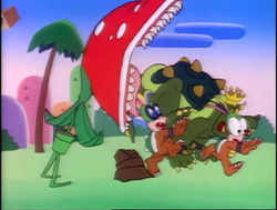 The overgrown Piranha Plant prepares to eat King Koopa, Hip and Hop.