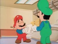 Mario Brothers Plumbing from the Super Mario World television series. Note Mario's missing sideburns.