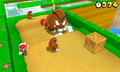 Mario running from a giant Tanooki Goomba