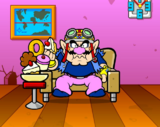 Wario eating sweets in his house