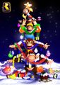 Christmas artwork of all five playable Kongs forming a Christmas tree.