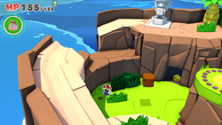 Mario standing near a hole containing a Big Bag of Confetti on Heart Island of The Origami King.