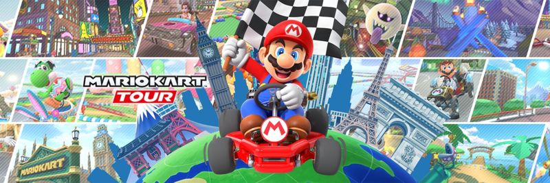 File:Mario Kart Tour banner Mario holding flag.png