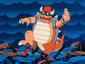Mario using the power-ups to defeat Bowser in Super Mario Bros.: Peach-hime Kyūshutsu Dai Sakusen!