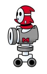 Concept artwork of an Autobomb with a regular Shy Guy riding on it, from Super Mario Advance.