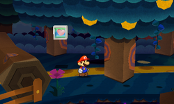 Mario near a tree containing a Coin, Hammer Sticker and Leaf Sticker in Strike Lake of Paper Mario: Sticker Star.