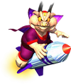 Artwork of Wizpig from Diddy Kong Racing, showing him on the rocket he uses in his second Boss Race.