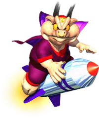 Artwork of Wizpig from Diddy Kong Racing, showing him on the rocket he uses in his second Boss Race.