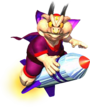 Artwork of Wizpig from Diddy Kong Racing, showing him on the rocket he uses in his second Boss Race.