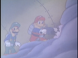 Scene where "Workin' for a Livin'" plays as Mario and Luigi destroy the concrete blockage with a jack hammer.