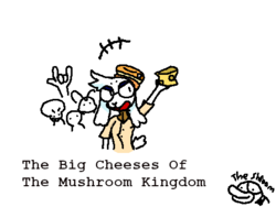 Title Card, displaying Vid, a goat-like humanoid creature, holding up a piece of cheese in front of a small crowd.
