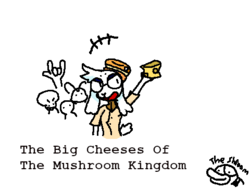 Title card, displaying Vid, a goat-like humanoid creature, holding up a piece of cheese in front of a small crowd.