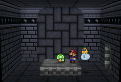 Mario finding Ultra Shroom in Bowser's Castle of Paper Mario.