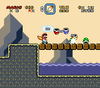 Mario kicking a Koopa Shell at more Shells in Chocolate Island 5.