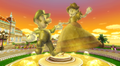 Fountain featuring statues of Princess Daisy and Luigi.