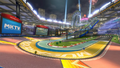 Mario Kart Stadium, Bowser Oil trackside banners and signs can be seen.