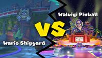 Image from a post created by official Mario Kart Tour social media accounts; in said post, users are requested to pick a favorite course between 3DS Wario Shipyard and DS Waluigi Pinball on the occasion of the Wario vs. Waluigi Tour in Mario Kart Tour.