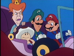 Scene where "Magic Carpet Ride" plays as Mario and his friends drive a magic carpet.