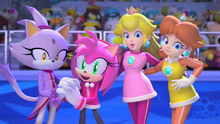 Peach, Daisy, Amy Rose, and Blaze the Cat hang out together in the opening cinematic.