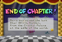 The end of Chapter 7 with the image of Mario touching the card stored as the background. Note the graphical corruption discoloring the image and obscuring Mario and Kalmar's presence, which does not happen on Virtual Console.