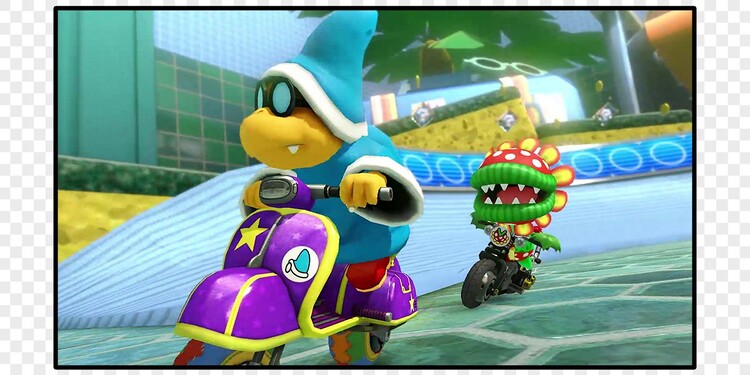 Screenshot of Kamek and Petey Piranha in Mario Kart 8 Deluxe shown with question 9 of the Mario Kart 8 DLC Character Personality Quiz.