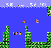 Mario encounters a Cheep-cheep in World 2-2 of Super Mario Bros.