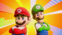 Mario and Luigi with their arms crossed in front of a yellow striped background.
