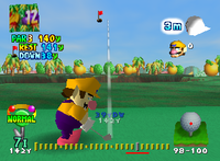 Wario playing on Yoshi's Island in Mario Golf