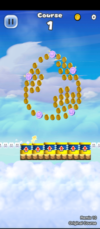 A course in Remix 10 in Super Mario Run, with coins and Bonus Medals arranged as a Yoshi's Egg