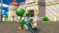 Yoshi drifting on his Standard Bike in Mario Kart Wii