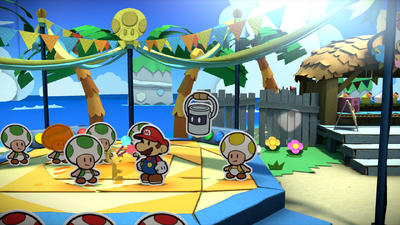 Mario being given the Blissful Beach Key by a member of the Five Fun Guys in Bloo Bay Beach of Paper Mario: Color Splash.