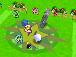 Day at the Races: Four creatures trying their best to race towards the finish; with characters icons next to them that indicate their players' picks on which creature would likely win. From Mario Party 2.