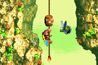 Dixie Kong and Kiddy Kong climb up to the Star Barrel of Kong-Fused Cliffs in the Game Boy Advance remake of Donkey Kong Country 3