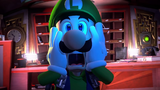 Luigi screaming infront of the mail sorting area within the Foyer, with a clock showing it's a few minutes after 10:30 PM, and a safe with a strobulb on it